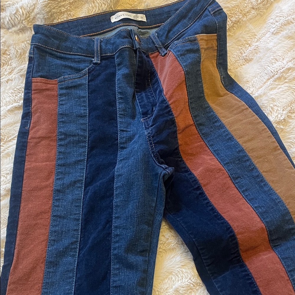 Altar'd State Striped Panel Flare Jeans in Navy, Rust & Tan - Picture 3 of 6